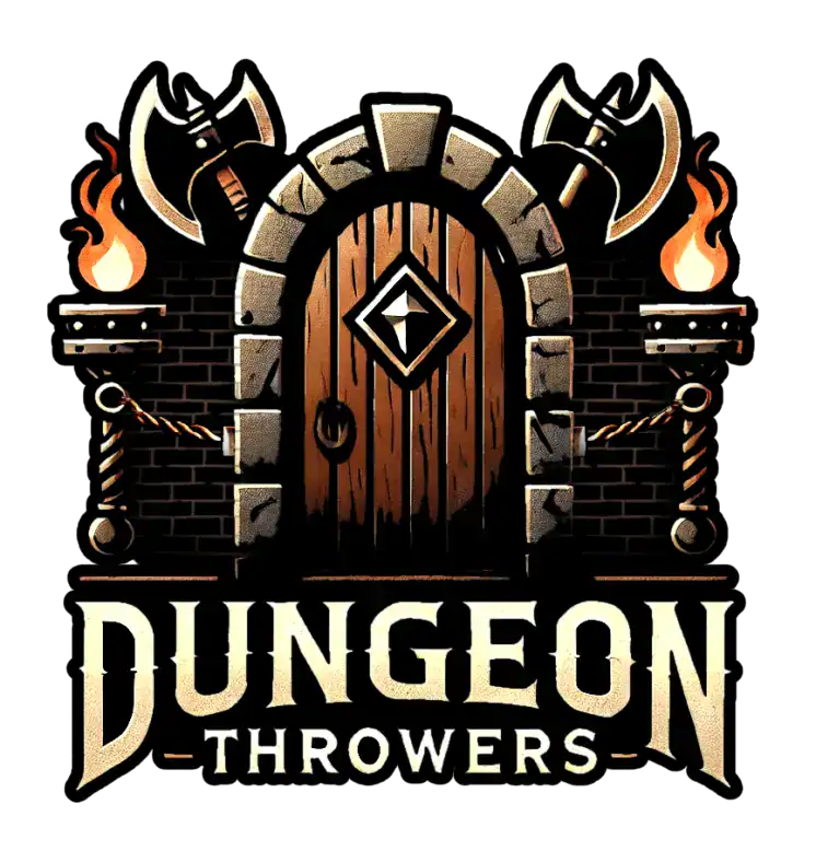 Dungeon Throwers logo featuring a wooden dungeon door with flaming torches and crossed battle axes